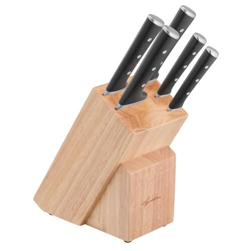 Lagostina Iceforce, Set Coltelli da Cucina, Ceppo in Legno con 5 Coltelli in Accaio Inox, Confezione con Coltello Pane 20cm, Coltello Chef 20cm, Coltello Santoku 18cm, Multiuso 11cm e Spelucchino 9cm