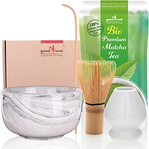 Goodwei Set di Matcha Completo Tazza Cerimoniale con frusta e cucchiaio incl. Tè Matcha Biologico Giapponese (Gurei)