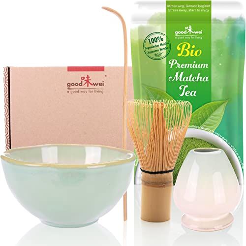 Goodwei Set di Matcha Completo Tazza Cerimoniale con frusta e cucchiaio incl. Tè Matcha Biologico Giapponese (Hasunomi)