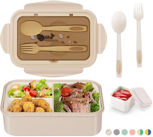 LUZOON Bento Lunch Box,1400ml Bento Box con 3 Scomparti e Posate per Adulti, Porta Pranzo con Posate e Scatola Per Salse,Senza BPA,Sicuri per Microonde e Lavastoviglie (Cachi)