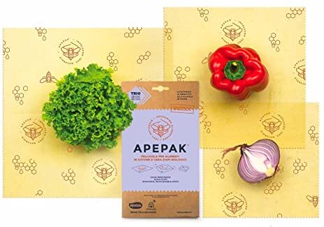 APEPAK Original TRIO, Beewrap, Pellicola per alimenti riutilizzabile: small 25×25, medium 30×30 e large 40×40 cm in cera d'api BIO, Cotone GOTS GOTS, Olio Jojoba e resina di pino