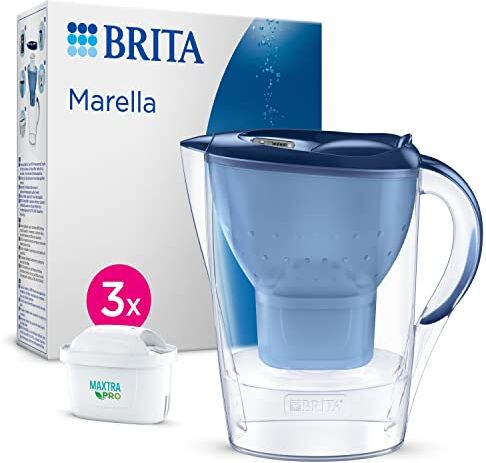 Brita Caraffa filtrante Marella blu (2.4L) incl. 3 x filtri MAXTRA PRO All-in-1 adatta alla porta del frigorifero con Memo digitale e coperchio ribaltabile ora in confezione Smart Box sostenibile