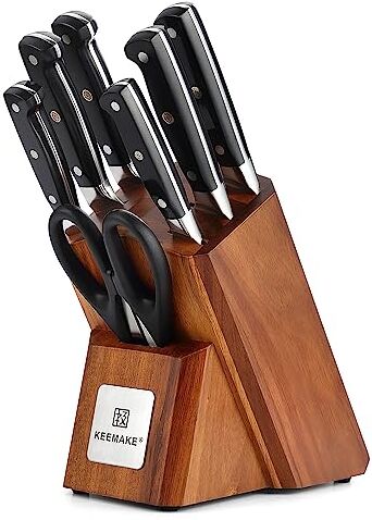 KEEMAKE Set Coltelli da Cucina 8 Pezzi, Ceppo Coltelli da Cucina in Legno, Coltello Verdure 20cm, Coltello Santoku Giapponese 18cm, Spelucchino Professionale 8,9cm, Forbici