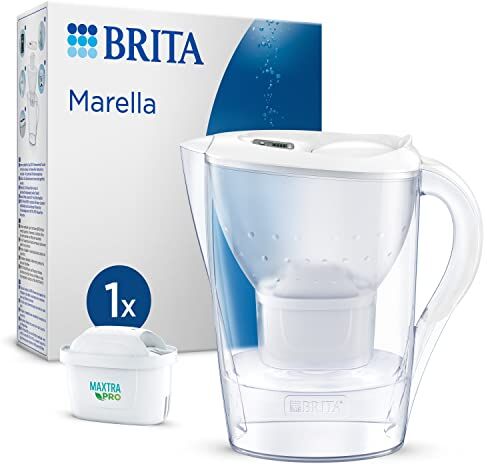 Brita Caraffa Filtrante Marella Bianca (2.4L) incl. 1 Filtro MAXTRA PRO All-in-1, Adatta alla Porta del Frigorifero con Memo Digitale e Coperchio Ribaltabile, ora in Confezione Smart Box Sostenibile