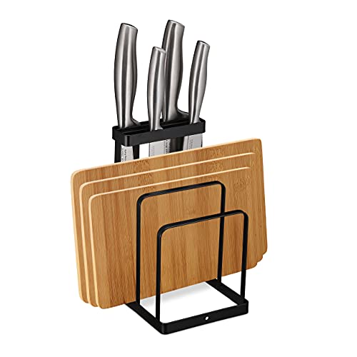 Relaxdays Porta Coltelli & Taglieri 2in1, Accessorio Organizer da Cucina in Metallo, Ceppo Portacoltelli Smart, Nero, Ferro, 1 pz