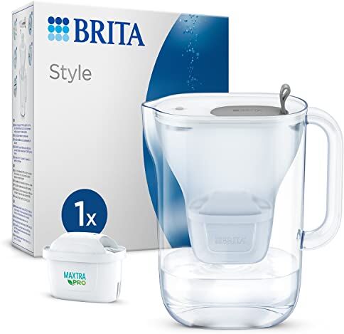 Brita Caraffa filtrante per acqua Style Grey (2.4L) incl. 1 x filtro MAXTRA PRO All-in-1 adatta al frigorifero con LED-LTI intelligente & coperchio ribaltabile