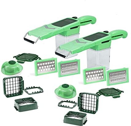 Genius Nicer Dicer Quick Professional Set di 24 pezzi – Tritatutto con 6 inserti intercambiabili e contenitore di raccolta da 320 ml in formato manuale, con cornice inclusa