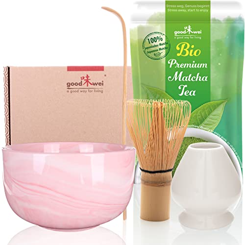 Goodwei Set di Matcha Completo Tazza Cerimoniale con frusta e cucchiaio incl. Tè Matcha Biologico Giapponese (Pinku)