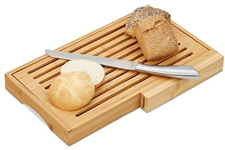 Relaxdays Tagliere per Pane, con Coltello in Acciaio Inox, Raccogli Briciole, Bambù, HLP 4x40x24 cm, Legno Naturale