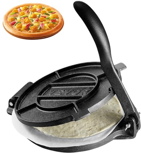 VEVOR Pressa Manuale per Tortilla, Pressa per Taco Diametro 25 cm, Pressa per Tortilla Piadine in Ghisa, Pressa Manuale per Tortilla con 100 Pezzi di Carta da Forno, Macchina per Impasto di Tortilla