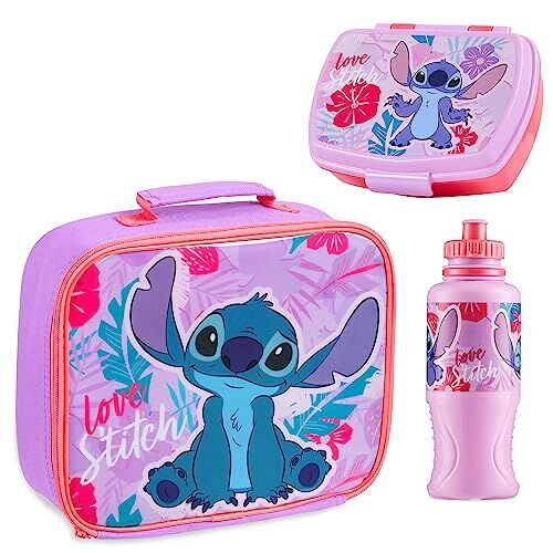 Disney Borsa Termica Porta Pranzo Set con Porta Merenda Bambini Scuola Materna Lunch Box e Borraccia 430 ml senza BPA Gadget Stitch Originali