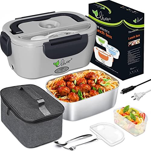 VOVOIR Scaldavivande Elettrico Lunch Box Termo Portatile 12V/220v 2 in 1 Doppio Voltaggio Porta Pranzo di Acciaio Inossidabile per Auto，Casa, Ufficio, Scuola（black）