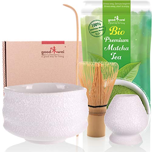 Goodwei Set di Matcha Completo Tazza Cerimoniale con frusta e cucchiaio incl. Tè Matcha Biologico Giapponese (Miyuki)