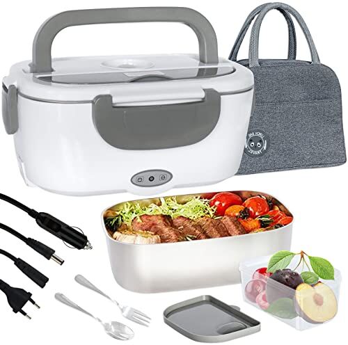 Poligono Scaldavivande Elettrico Portatile con Borsa Termica 1.5L (55W 220V), Lunch Box Portavivande Termico Elettronico Portatile in Acciaio Inox, Porta Pranzo da Ufficio e Auto, Grigio