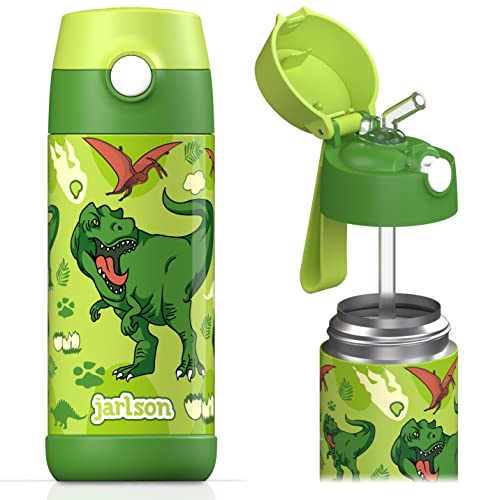 Jarlson ® Borraccia Bambini Acciaio Inox, Bottiglia Termica, Senza BPA, Bottiglia Acqua con Cannuccia, Termos 350 ml (Dinosauro, 350)