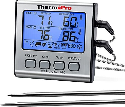 ThermoPro Termometro Cucina Digitale a Doppia Sonda con Modalità Timer e Display LCD per Cottura BBQ Alimenti Carne Forno Arrosto Griglia