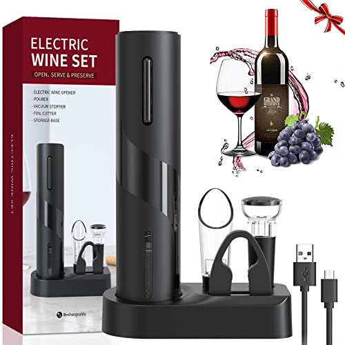 QSMYUYE Cavatappi Elettrico per Vino, Set di Apribottiglie Elettrico 6 In 1 con Base, Taglierina, Versatore, Tappo in Silicone per Vuoto, Linea di Ricarica USB