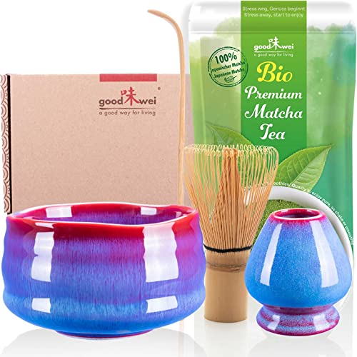 Goodwei Set di Matcha Completo Tazza Cerimoniale con frusta e cucchiaio incl. Tè Matcha Biologico Giapponese (Seiun)