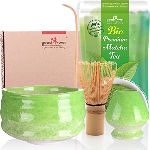 Goodwei Set di Matcha Completo Tazza Cerimoniale con frusta e cucchiaio incl. Tè Matcha Biologico Giapponese (Midori)