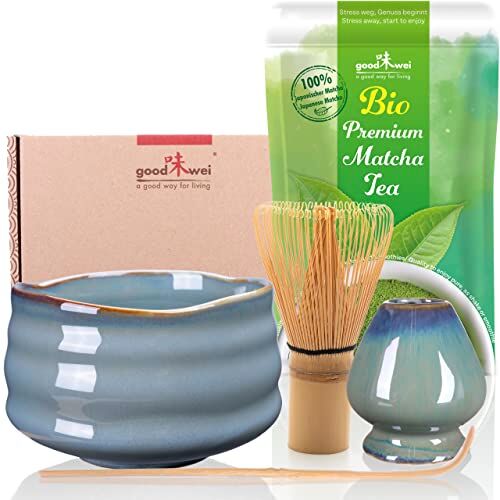 Goodwei Set di Matcha Completo Tazza Cerimoniale con frusta e cucchiaio incl. Tè Matcha Biologico Giapponese (Menouseki)