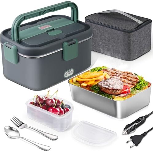 AUTOPkio Scaldavivande Elettrico 1.8L 80W, 12V/24V/220V Grande Lunch Box con Borsa e Acciaio Inox Forchetta Cucchiaio per Auto Camion Ufficio