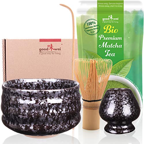 Goodwei Set di Matcha Completo Tazza Cerimoniale con frusta e cucchiaio incl. Tè Matcha Biologico Giapponese (Tetsu)