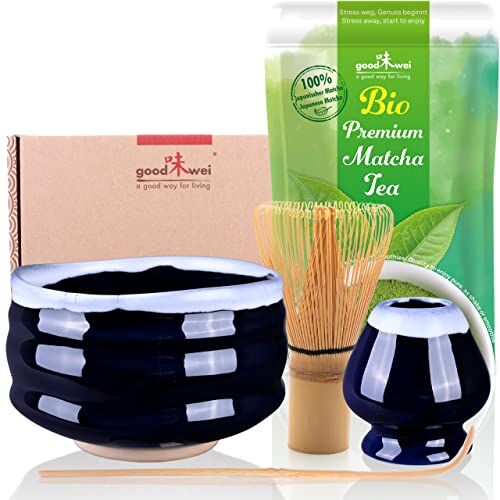 Goodwei Set di Matcha Completo Tazza Cerimoniale con frusta e cucchiaio incl. Tè Matcha Biologico Giapponese (Kori)