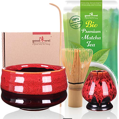 Goodwei Set di Matcha Completo Tazza Cerimoniale con frusta e cucchiaio incl. Tè Matcha Biologico Giapponese (Yogan)