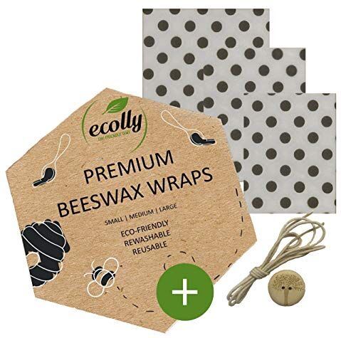 Ecolly Involucri di cera d'api Set di 3 (S, M, L), Salviette di cera d'api, Carta di cera d'api, Premium Beeswax Wraps, Plastica libera e riutilizzabile, senza olio di jojoba