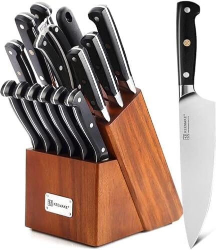 KEEMAKE Set Coltelli da Cucina 15 Pezzi, Ceppo Coltelli da Cucina in Legno, Coltello Verdure 20cm, Coltelli da Bistecca, Coltello Santoku Giapponese, Spelucchino, Forbici, Coltello Carne