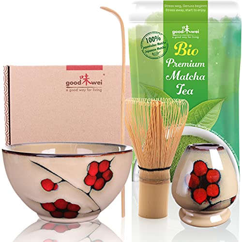 Goodwei Set di Matcha Completo Tazza Cerimoniale con frusta e cucchiaio incl. Tè Matcha Biologico Giapponese (Plum)