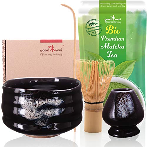 Goodwei Set di Matcha Completo Tazza Cerimoniale con frusta e cucchiaio incl. Tè Matcha Biologico Giapponese (Burashi)