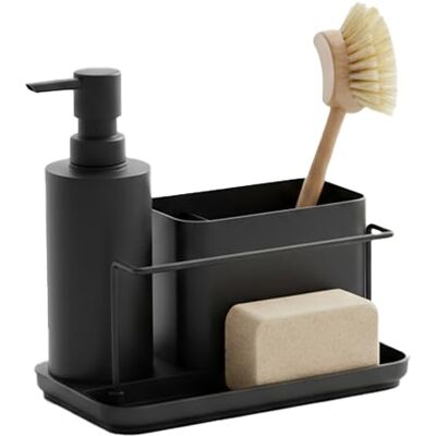 Relaxdays Organizer lavello, dispenser detersivo e porta spugna, HBT: 19 x 21 x 12 cm, set cucina, ferro, nero Relaxdays Organizer lavello, dispenser detersivo e porta spugna, HBT: 19 x 21 x 12 cm, set cucina, ferro, nero