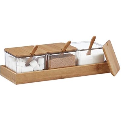 Relaxdays Contenitori per Spezie, Set da 3, Barattoli in Plastica, Coperchio, Cucchiaini e Vassoio in bambù, Trasparente Relaxdays Contenitori per Spezie, Set da 3, Barattoli in Plastica, Coperchio, Cucchiaini e Vassoio in bambù, Trasparente