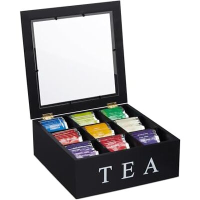 Relaxdays Scatola Porta tè, Organizer Cassetti 9 Scomparti, 9x23,5x23,5 cm, Tea Box con Coperchio, in bambù, Nero Bianco Relaxdays Scatola Porta tè, Organizer Cassetti 9 Scomparti, 9x23,5x23,5 cm, Tea Box con Coperchio, in bambù, Nero Bianco