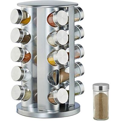 Relaxdays Portaspezie con 20 Barattoli, Girevole a 360°, Tappi Spargispezie, H: 34,5 cm, Acciaio Inox, Argento Relaxdays Portaspezie con 20 Barattoli, Girevole a 360°, Tappi Spargispezie, H: 34,5 cm, Acciaio Inox, Argento