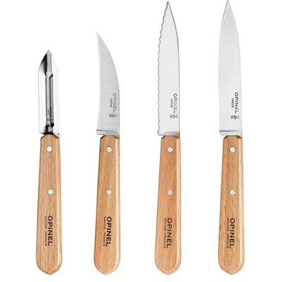OPINEL Set di 4 Coltelli da Cucina Essenziali N°112 Ufficio, N°113 Seghettato, N°114 Verdure, N°115 Pelapatate Lama in Acciaio Inossidabile Faggio Verniciato Naturale OPINEL Set di 4 Coltelli da Cucina Essenziali N°112 Ufficio, N°113 Seghettato, N°114 Verdure, N°115 Pelapatate Lama in Acciaio Inossidabile Faggio Verniciato Naturale