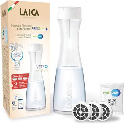 Laica Bottiglia Filtrante In Vetro Glassmart, 3 Filtri Fast Disk Inclusi, 360 Litri Di Acqua Filtrata Istantaneamente, Bianco/Trasparente, 13.8 x 13.8 x 38.8 cm; 1.06 Kg Laica Bottiglia Filtrante In Vetro Glassmart, 3 Filtri Fast Disk Inclusi, 360 Litri Di Acqua Filtrata Istantaneamente, Bianco/Trasparente, 13.8 x 13.8 x 38.8 cm; 1.06 Kg