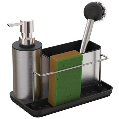 Relaxdays organizer lavello con dispenser e porta spugna, HxLxP 19x21x12 cm, set cucina, acciaio inox, argento Relaxdays organizer lavello con dispenser e porta spugna, HxLxP 19x21x12 cm, set cucina, acciaio inox, argento