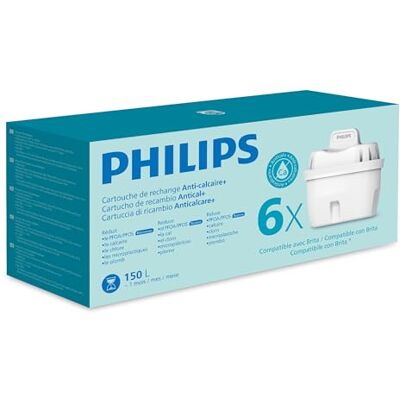 Philips Water Cartucce filtranti sostitutive Anticalcare+, 6 unità, FINO AL 50% IN PIÙ DI RIDUZIONE DELLA DUREZZA, Compatibile con Brita* Philips Water Cartucce filtranti sostitutive Anticalcare+, 6 unità, FINO AL 50% IN PIÙ DI RIDUZIONE DELLA DUREZZA, Compatibile con Brita*