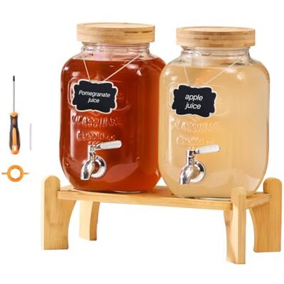 VEVOR Distributore di Bevande, 2 Pezzi da 3,8 L, Contenitore di Succhi in Vetro con Supporto in Legno, Rubinetto in Acciaio Inox, Infusore, Distributore di Tè Freddo, Limonata, per Feste VEVOR Distributore di Bevande, 2 Pezzi da 3,8 L, Contenitore di Succhi in Vetro con Supporto in Legno, Rubinetto in Acciaio Inox, Infusore, Distributore di Tè Freddo, Limonata, per Feste