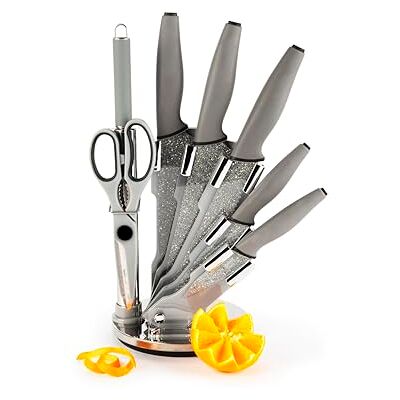 Excelsa Country Rock Ceppo Coltelli 8 Pezzi, Manico Grigio, Lama Effetto Pietra, Acciaio INOX Excelsa Country Rock Ceppo Coltelli 8 Pezzi, Manico Grigio, Lama Effetto Pietra, Acciaio INOX