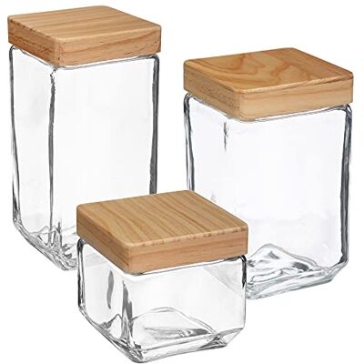 Set WELLHOME di 3 barattoli in vetro - Forma quadrata con coperchio in legno Set WELLHOME di 3 barattoli in vetro - Forma quadrata con coperchio in legno