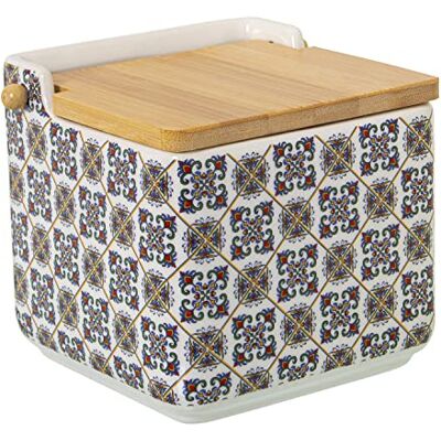DRW Saliera in ceramica con coperchio in legno e quadrati 12x12x12cm, Multi, standard DRW Saliera in ceramica con coperchio in legno e quadrati 12x12x12cm, Multi, standard
