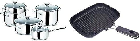 Lagostina Set Smart, Batteria di Pentole per Induzione, Acciaio Inossidabile, Grigio, 9 pezzi & Easy Grill, Bistecchiera Rettangolare, Alluminio Pressofuso Antiaderente, Nero, 24 x 32 cm