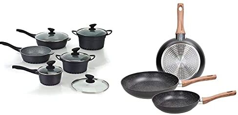 Tognana Evoluta Set Batteria, Alluminio Pressofuso, Grigio Marmorizzato, 10 Pezzi & Set 3 Padelle 20-24-28 Cm, Alluminio, Anche A Induzione, Nero