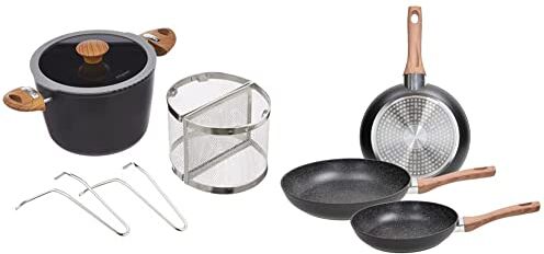 Tognana Set Pentola per la Pasta Multifunzione Country Chic, 22 cm, Alluminio forgiato, Nero & Set 3 padelle 20-24-28 cm, Alluminio, anche a Induzione, Nero