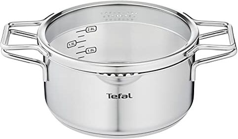 Tefal Nordica Casseruola 20 cm Acciaio Inox Capacità 3L Tecnologia Full induzione Design Minimalista Coperchio in Vetro Adatto per Gas Piano Piano Piano in Cucina Elettrica Induzione Forno