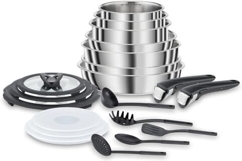 Lagostina Ingenio Inox Set di Pentole e Padelle in Acciaio Inox, 20 Pezzi, Adatto ad Induzione, Batteria di Pentole con 3 Casseruole, 3 Padelle, Tegame,6 Coperchi, 5 Utensili Cucina,2 Manici Amovibili