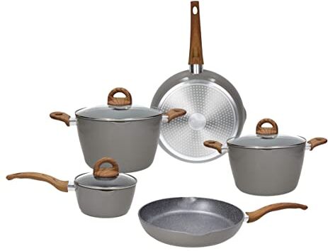 Tognana Natural Love, Batteria di pentole e padelle, Set con 2 padelle, 3 casseruole, 3 coperchi trasparenti, 8 Pezzi, Alluminio, Grigio